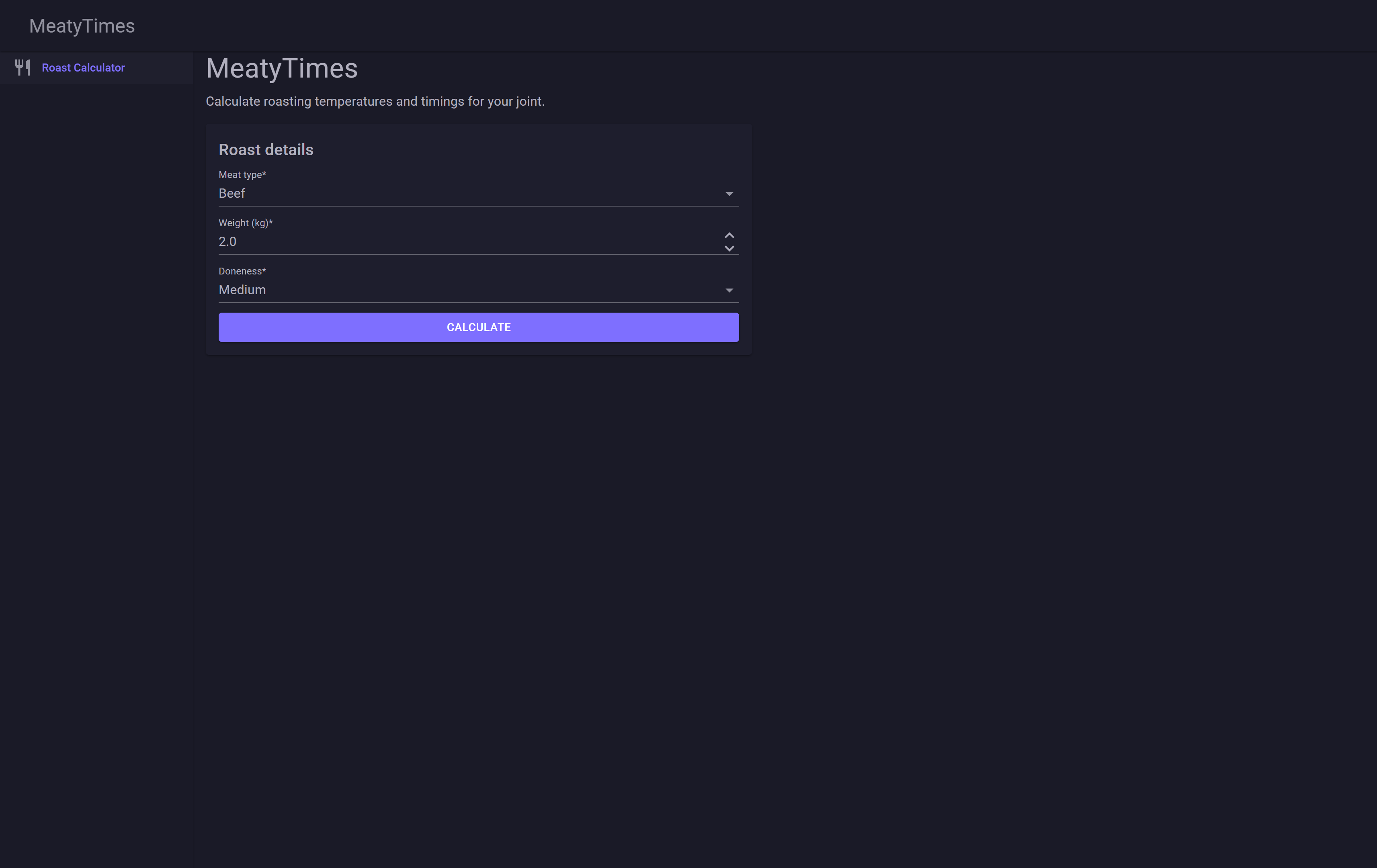 Meaty Times roast input form — meat type, weight, and doneness fields