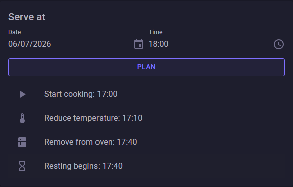 Meaty Times serve-at planner showing schedule milestones